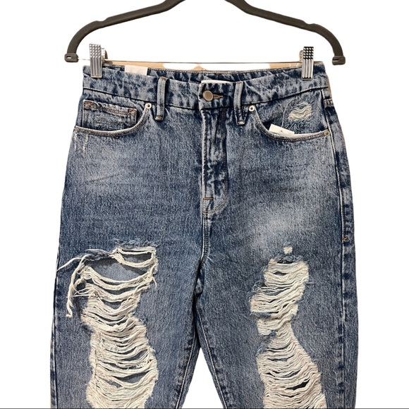 Good American Good Boy Shredded High Waist Boyfriend Jeans in Blue (4) - Picture 8 of 15